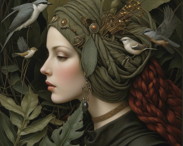 Serene woman in green turban with birds and foliage