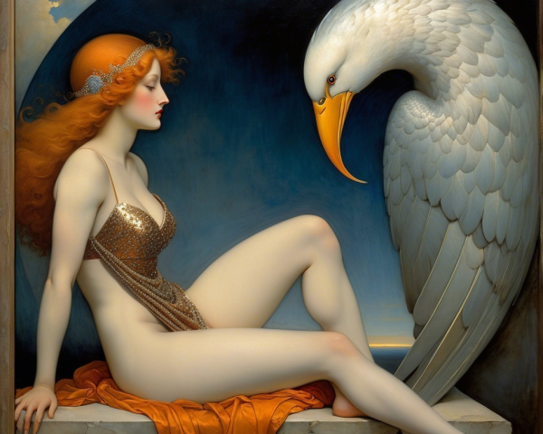 Elegant figure in gold dress with swan at twilight