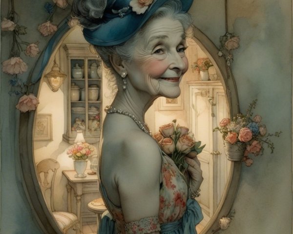 Elderly Woman in Floral Dress with Bouquet in Vintage Room