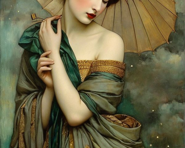 Serene Woman with Parasol Under Moonlit Sky