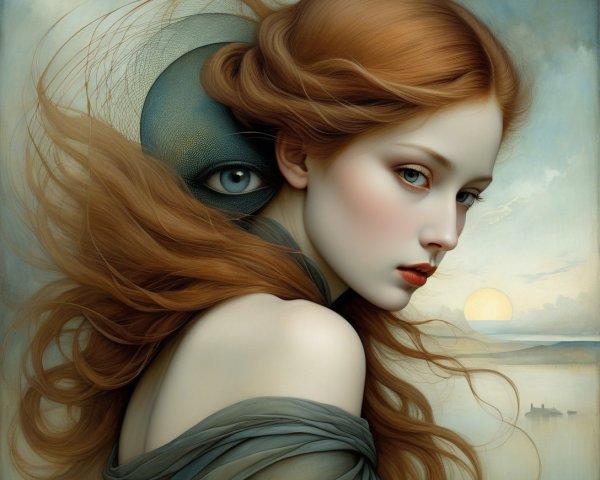 Portrait of a Young Woman with Flowing Hair and Landscape