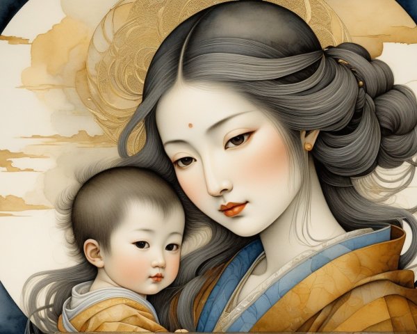 Illustration of a woman and child on gold backdrop