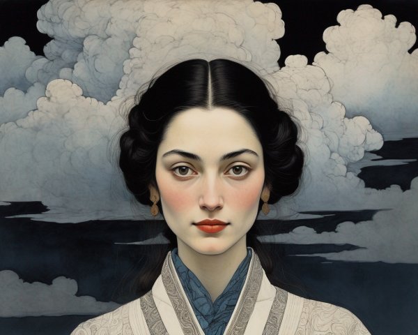 Woman in Traditional Garment Against Dark Cloudy Sky
