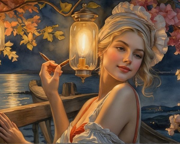 Serene Night Scene with Woman by Waterfront and Blossoms