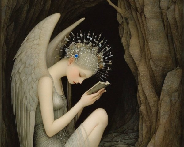 Winged figure with ornate headpiece reading book in shadowy cave.