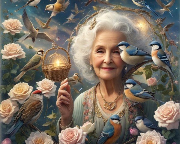 Elderly Woman with Birds and Roses Under Starry Sky