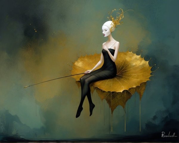 Surreal Figure in Black Dress on Golden Umbrella