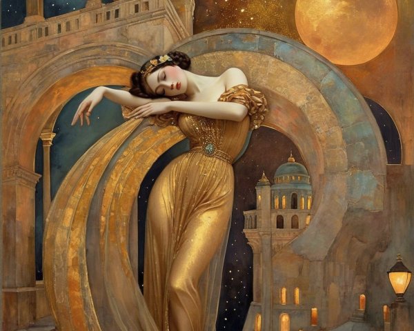 Elegant figure in golden gown under glowing moonlight