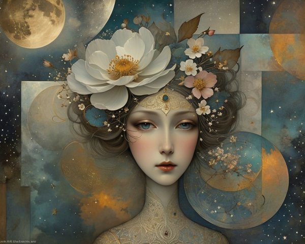 Ethereal Figure with Floral Headdress in Pastel Background