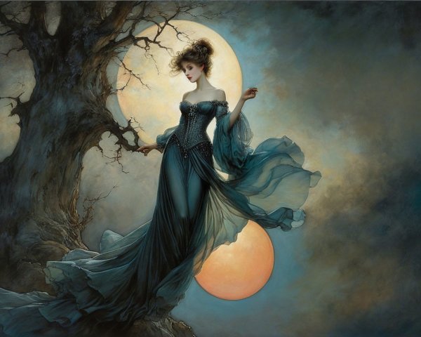Elegant woman in teal gown by old tree under moon