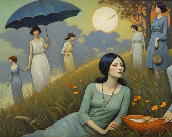 Serene Landscape with Women in Flowing Dresses