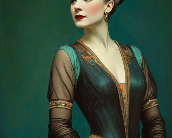 Stylized portrait of woman in teal dress with gold trim and feathered hair accessory