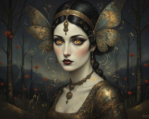 Fantasy Woman with Golden Wings in Dark Forest