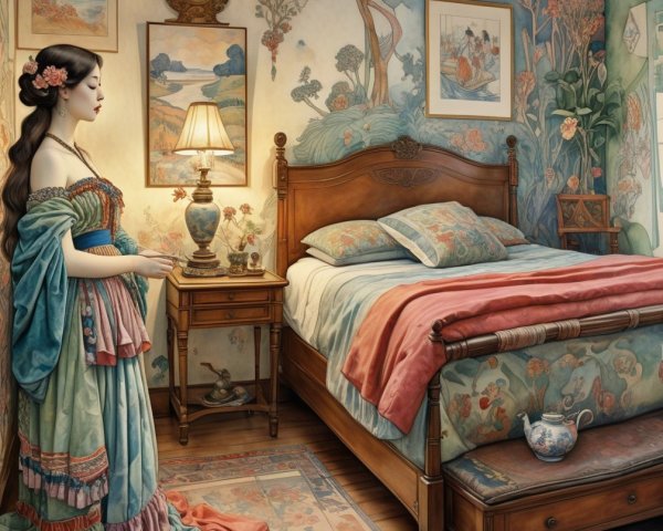 Decorated Bedroom with Floral Wallpaper and Artwork