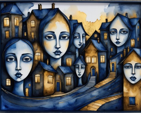 Surreal Artwork of Human Faces and Abstract Houses