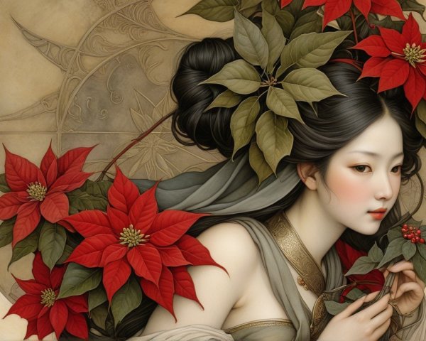 Serene Portrait of a Woman with Nature Elements