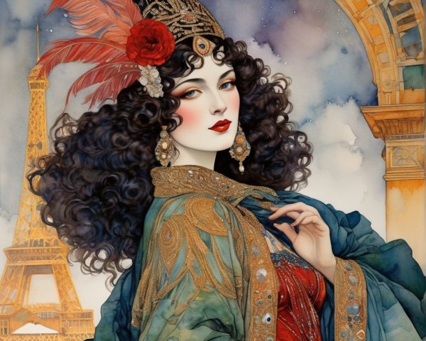Woman with curly hair, ornate headdress, and Eiffel Tower in background