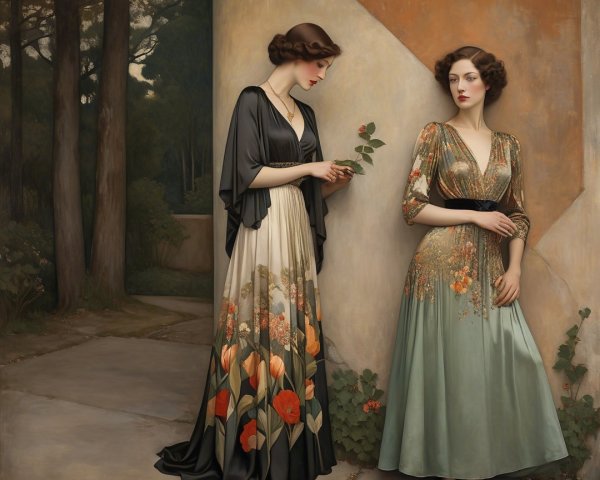 Elegant Women in Vintage Gowns in Outdoor Setting