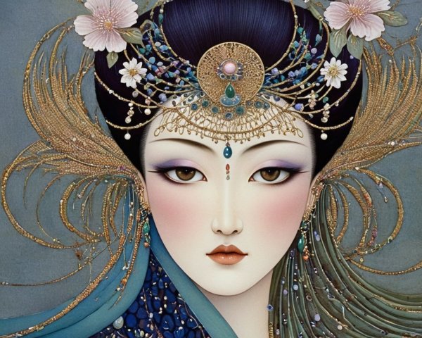 Elegant Woman with Elaborate Floral Headdress