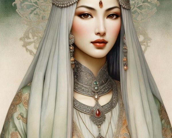 Illustration of a Woman with Headdress and Jewelry