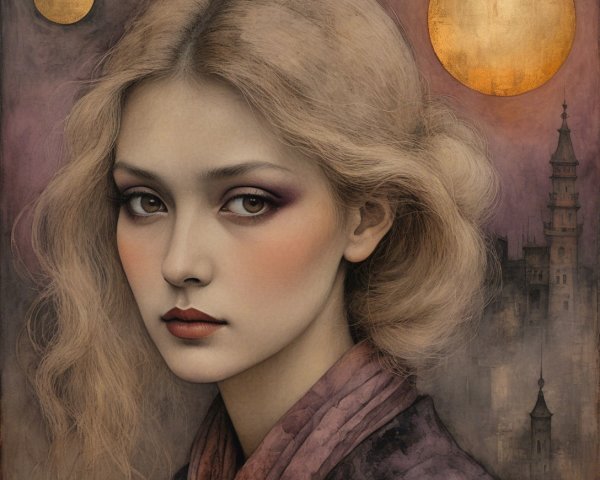 Portrait of a Young Woman with Blonde Hair and Moons