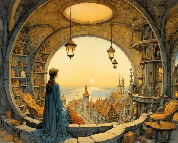 Young Woman by Circular Window in Cozy Interior