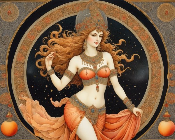 Illustration of a Woman in Celestial Floral Frame