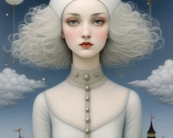 Surreal Portrait of Woman with Gray Hair and Balloons