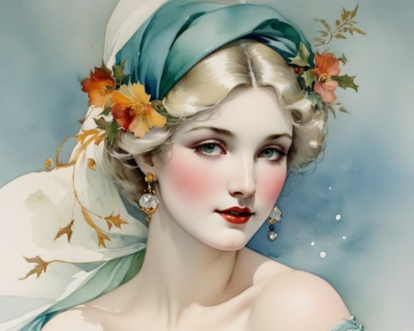 Illustration of woman with fair skin in turquoise headscarf and pearl earrings