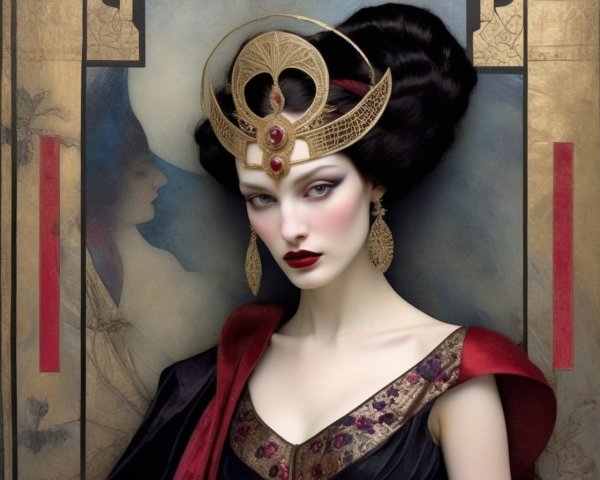 Stylized portrait of a woman with crown and dramatic makeup