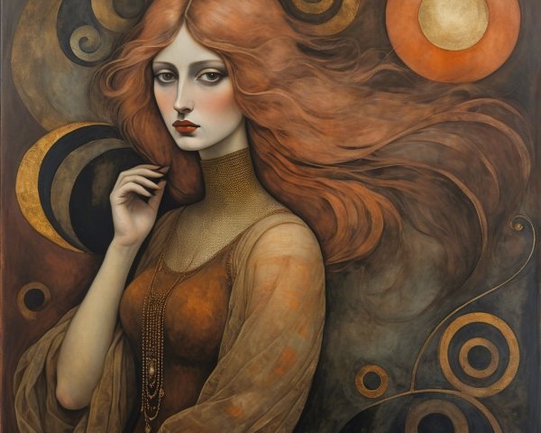 Serene Woman with Red Hair in Celestial Artwork