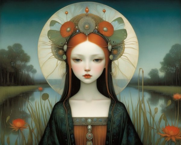 Pale female figure with halo in marshland setting