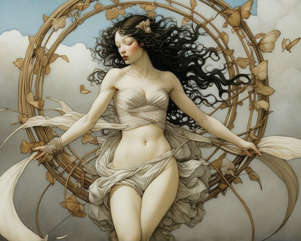 Ethereal Woman Surrounded by Butterflies and Clouds