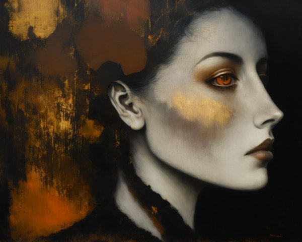 Profile of a Woman with Orange Eyes and Abstract Background
