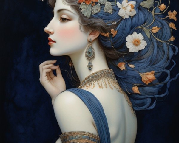 Illustration of a woman with blue hair and flowers