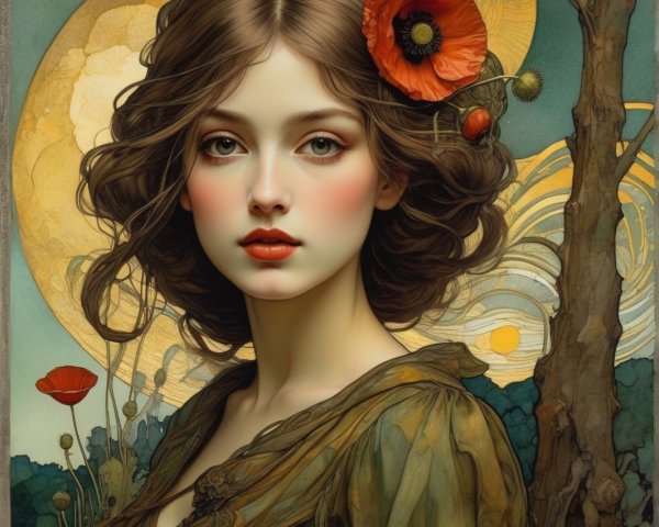 Illustrated Art Nouveau portrait of a young woman with expressive eyes and poppy flower in hair