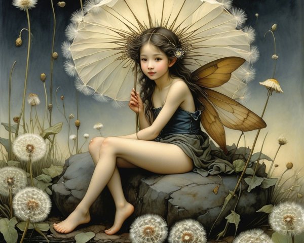 Fairy on a Rock with Parasol and Dandelions