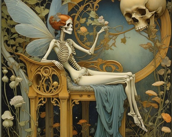 Whimsical Skeletal Figure with Translucent Wings
