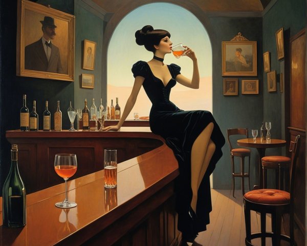 Elegant Woman in Black Dress at a Bar Counter