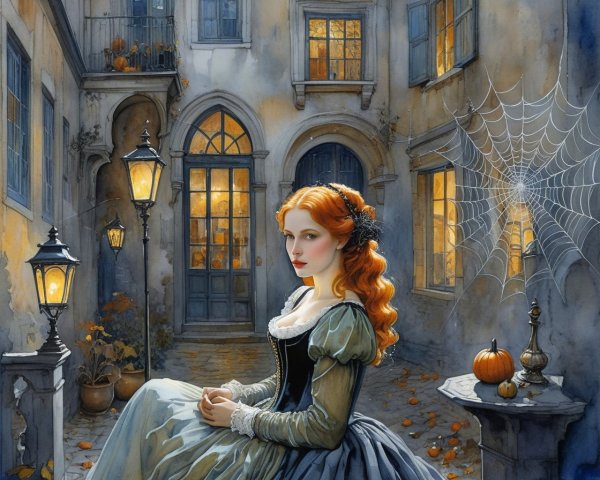Young Woman in Vintage Dress in Autumn Courtyard
