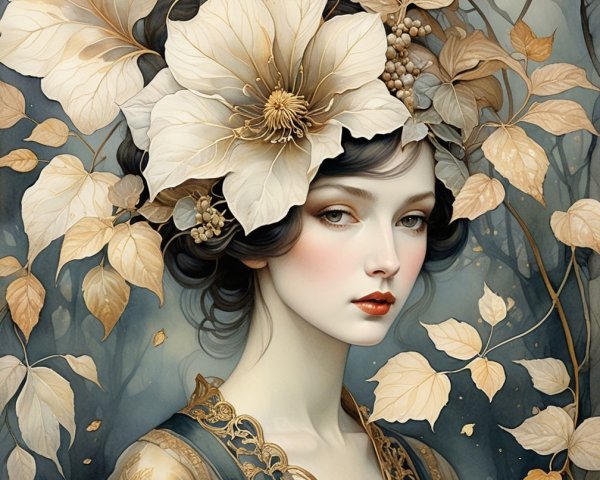 Serene Portrait of Woman with Flower and Leaves