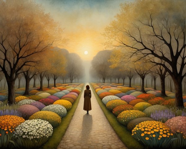 Serene Pathway Through Vibrant Garden at Sunrise