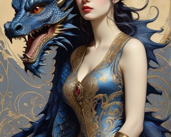 Illustration of fair-skinned woman in blue and gold dress with dark hair and blue dragon on golden