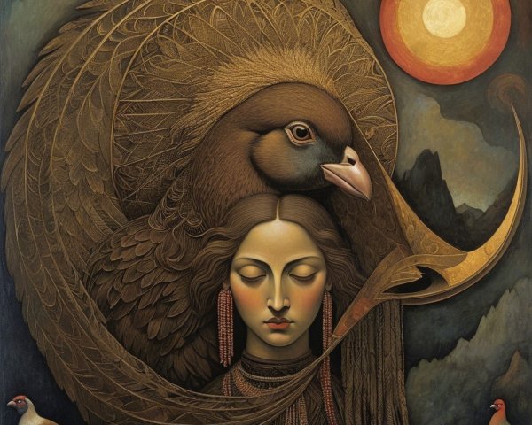 Serene Woman with Bird Head and Earthy Landscape