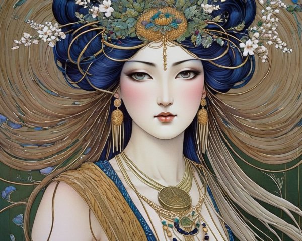 Illustrated portrait of a woman with blue hair and flowers