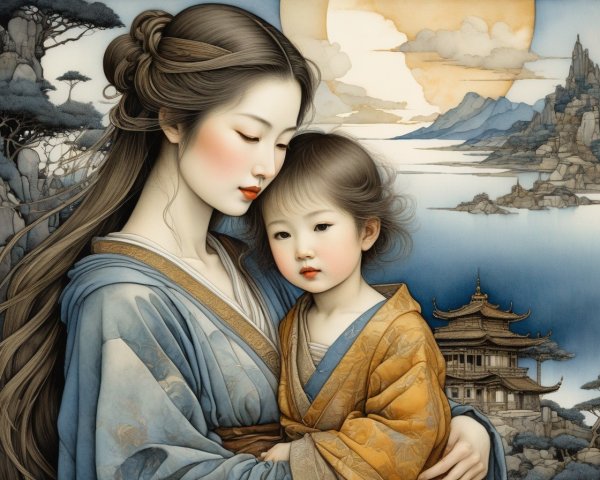 Illustration of Woman in Traditional Attire with Child