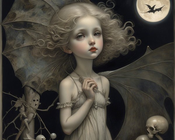 Ethereal Girl with Umbrella Under Full Moon Scene