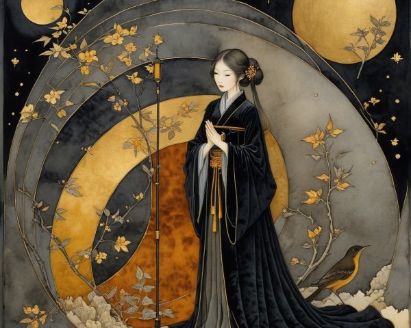 Serene Woman in Black Kimono with Golden Moons and Blossoms
