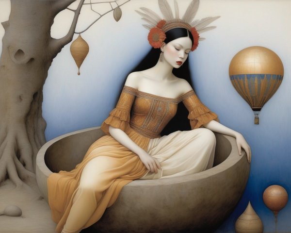 Stylized woman in elegant, earthy attire sits in surreal setting with tree and hot air balloon
