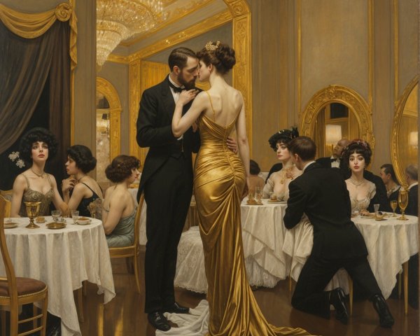 Elegant Ballroom Scene with Glamorous Couple